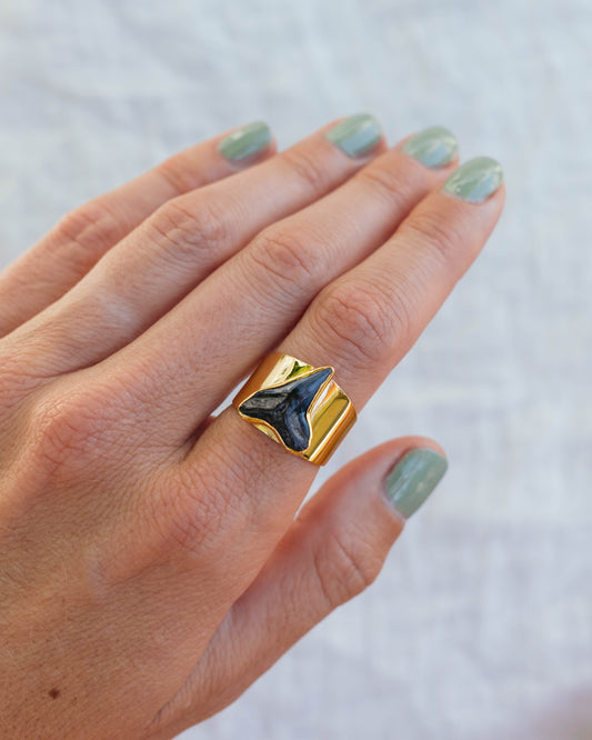 gold wide band fossil ring size 8